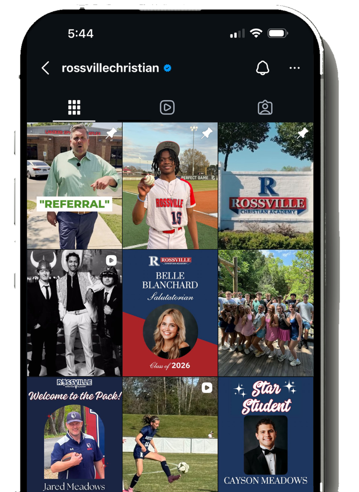 Rossville Christian Academy's Instagram feed shown on a phone