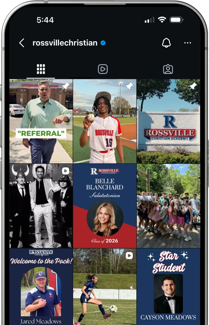 Rossville Christian Academy's Instagram feed shown on a phone