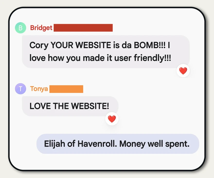 Client messages praising a Havenroll website build, ending "Elijah of Havenroll. Money well spent."